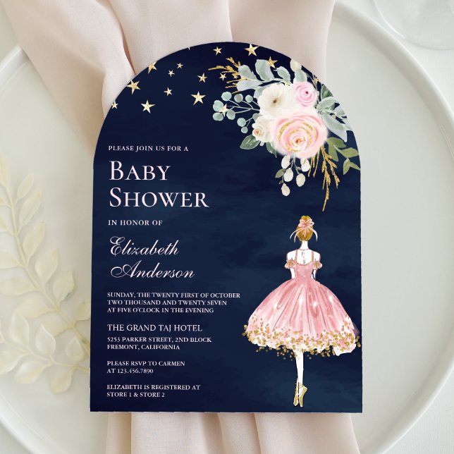Rosa Guld Blommigt Ballerina Arch Navy Baby Shower Inbjudningar (Skapare uppladdad)