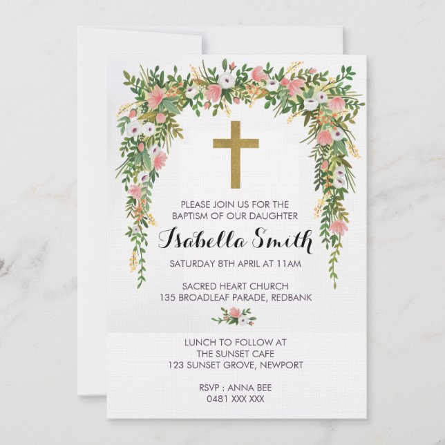 Rosa Guld blommigt Baptism/julinbjudan Inbjudningar (Framsida)