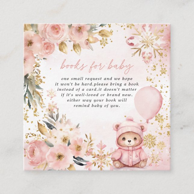 Rosa Guld Blommigt Bear Baby Shower Bokar för Baby Tilläggskort (Framsida)