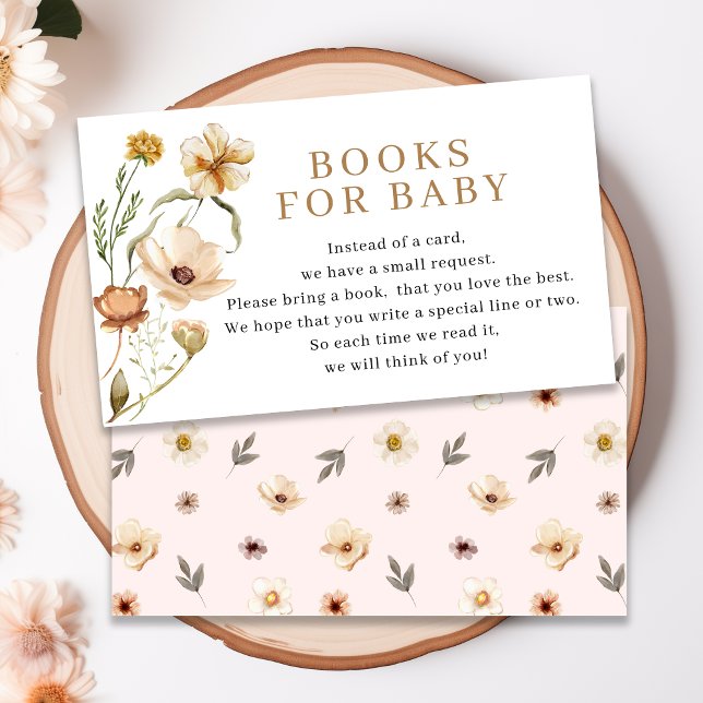  Rosa Guld Blommigt Bokar för babyskor Tilläggskort (Blush Pink Gold Floral Books for Baby Shower Enclosure Card -Front & Back)