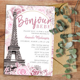 Rosa Guld Blommigt Bonjour Bebe Baby Shower Inbjudningar