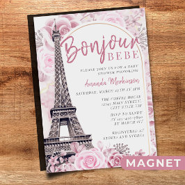 Rosa Guld Blommigt Bonjour Bebe Baby Shower Magnetisk Inbjudningskort