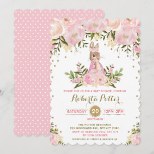 Rosa Guld Blommigt Bunny Rabbit Baby Shower Inbjud Inbjudningar