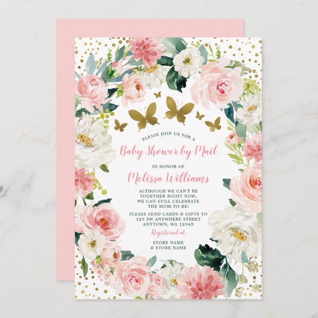 Rosa Guld Blommigt Butterfly Baby Shower by Mail Inbjudningar (Fram/baksida)