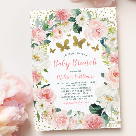Rosa Guld Blommigt Butterfly Girl Baby Shower Brun Inbjudningar