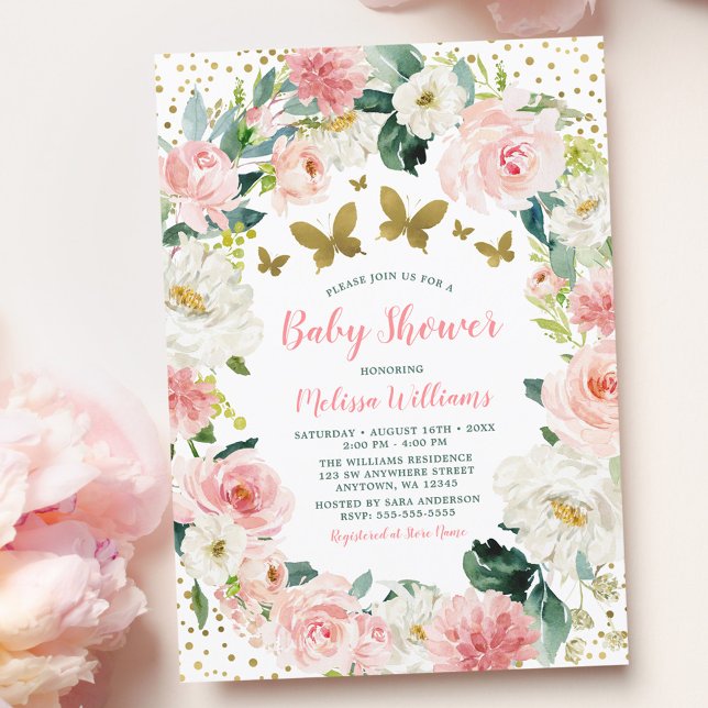 Rosa Guld Blommigt Butterfly Girl Baby Shower Inbjudningar (Skapare uppladdad)