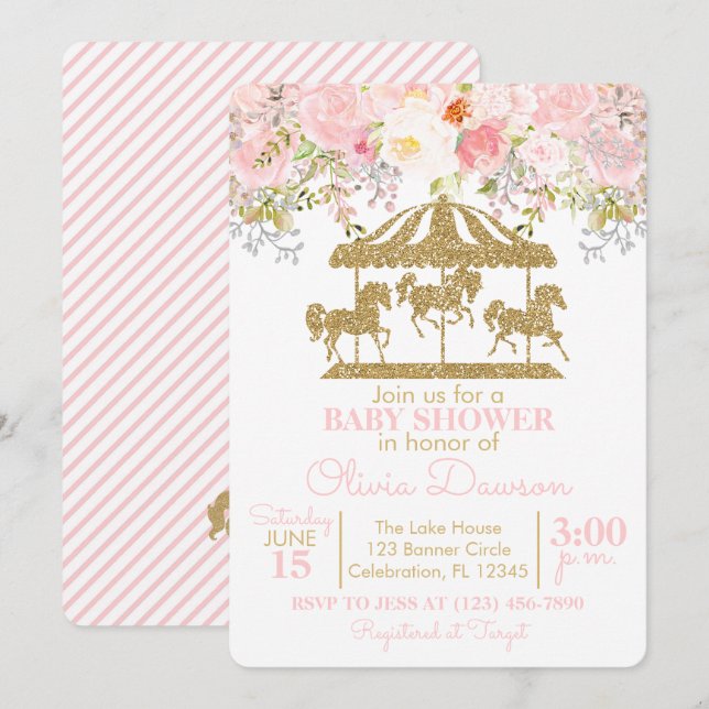 Rosa & Guld Blommigt Carousel Girl Baby Shower Inbjudningar (Fram/baksida)