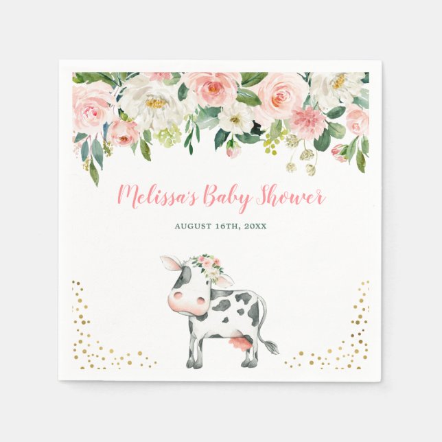 Rosa Guld Blommigt Cow Girl Baby Shower Pappersservett (Framsidan)