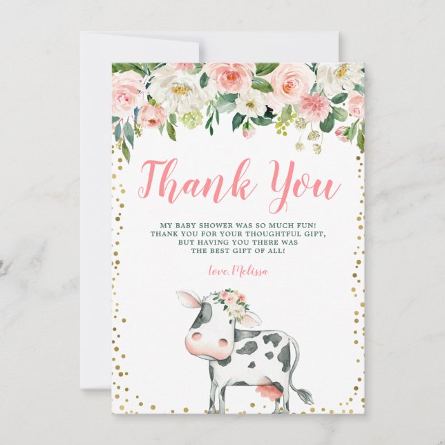 Rosa Guld Blommigt Cow Girl Baby Shower Tack Kort (Framsida)