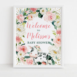 Rosa Guld Blommigt Cow Girl Baby Shower Välkommen Poster