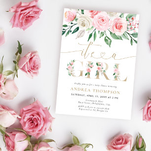Rosa Guld Blommigt Det är en flicka babyskugga Inbjudningar