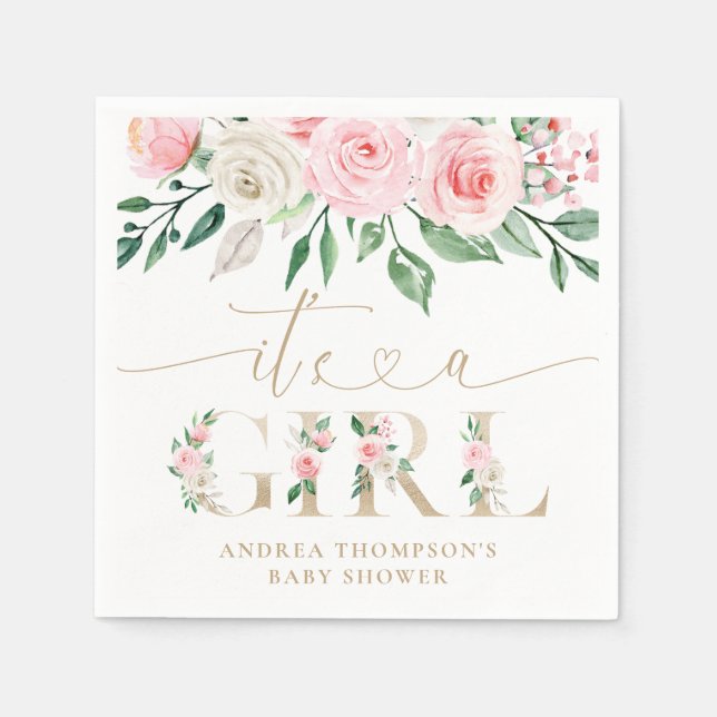  Rosa Guld Blommigt Det är en flicka babyskugga Pappersservett (Framsidan)