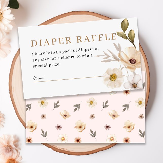  Rosa Guld Blommigt Diaper Raffle Baby Shower Tilläggskort (Blush Pink Gold Floral Diaper Raffle Baby Shower Enclosure Card- Front & Back)
