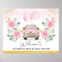 Rosa Guld Blommigt Drive by Baby Shower Välkommen Poster
