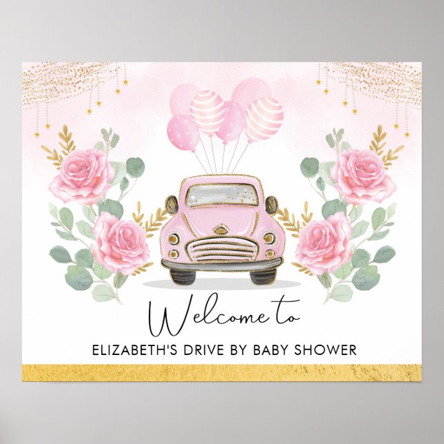 Rosa Guld Blommigt Drive by Baby Shower Välkommen Poster (Framsidan)