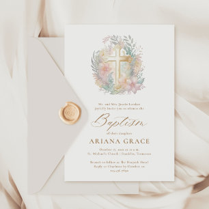 Rosa Guld Blommigt Elegant Vattenfärgsbaptism i Ko Inbjudningar