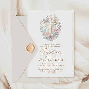 Rosa Guld Blommigt Elegant Vattenfärgsbaptism i Ko Inbjudningar