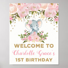 Rosa Guld Blommigt Elephant 1st Birthday Välkommen Poster