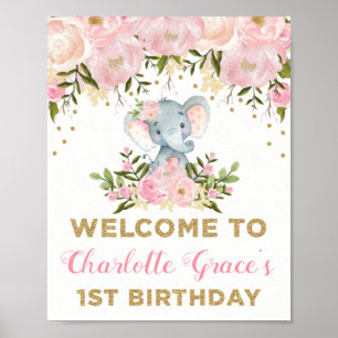Rosa Guld Blommigt Elephant 1st Birthday Välkommen Poster