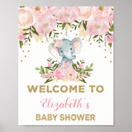 Rosa Guld Blommigt Elephant Baby Shower Välkomstsk Poster