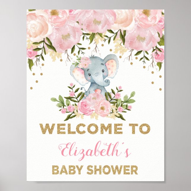 Rosa Guld Blommigt Elephant Baby Shower Välkomstsk Poster (Framsidan)