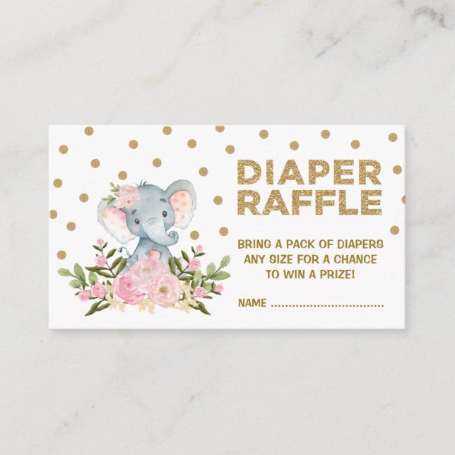 Rosa & Guld Blommigt Elephant Diaper Raffle Biljet Tilläggskort (Framsida)