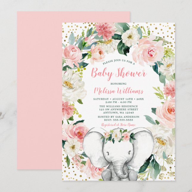 Rosa Guld Blommigt Elephant Girl Baby Shower Inbjudningar (Fram/baksida)