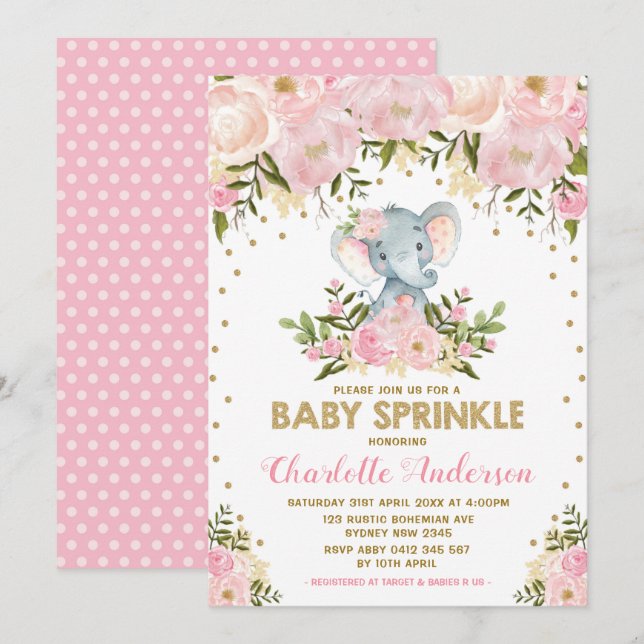  Rosa Guld Blommigt Elephant Girl Baby Sprinkle Inbjudningar (Fram/baksida)