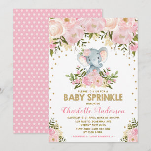 Rosa Guld Blommigt Elephant Girl Baby Sprinkle Inbjudningar