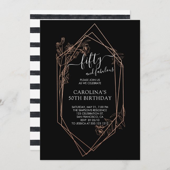 Rosa guld- blommigt femtio och sagolik 50th inbjudningar (Fram/baksida)