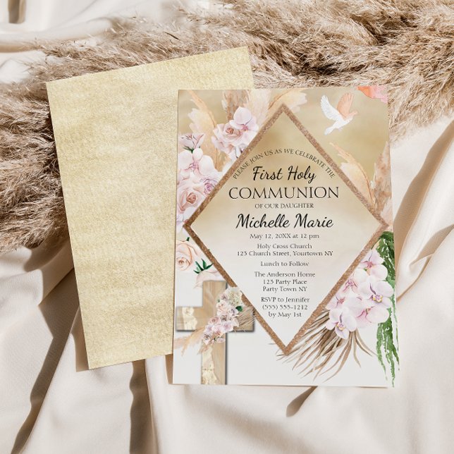 Rosa Guld Blommigt First Heliga Communion Girl Inbjudningar (Skapare uppladdad)