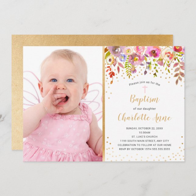 Rosa Guld blommigt Flicka-foto Baptism-inbjudan Inbjudningar (Fram/baksida)