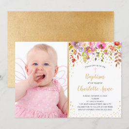 Rosa Guld blommigt Flicka-foto Baptism-inbjudan Inbjudningar