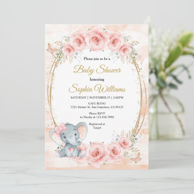  rosa guld Blommigt Flickbabydusch för barn Inbjudningar (Stående Fram)