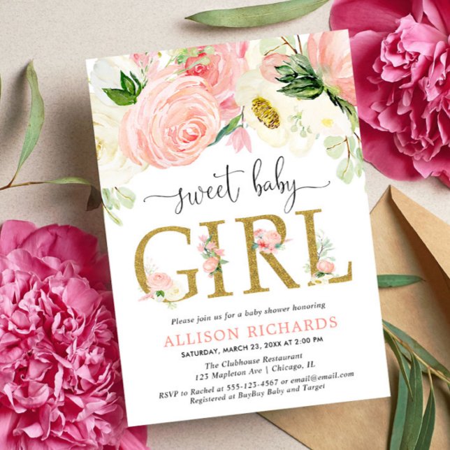  rosa guld Blommigt Flickbabydusch för barn Inbjudningar (Skapare uppladdad)