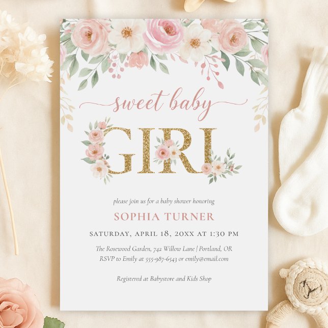  Rosa Guld Blommigt Flickbarnskor för barn i  Inbjudningar (Blush Pink Gold Floral Girl Baby Shower Invitation)