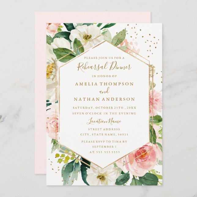 Rosa Guld Blommigt Geometrisk repetitionsmiddag Inbjudningar (Fram/baksida)