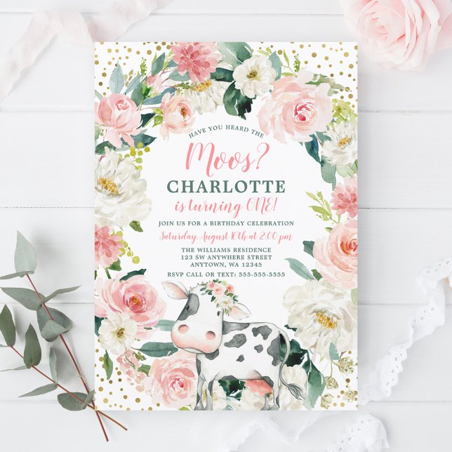 Rosa Guld Blommigt Girl Cow 1:a födelsedagen Inbjudningar (Skapare uppladdad)