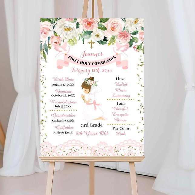 Rosa Guld Blommigt Girl First Communion Sign Poster (Skapare uppladdad)