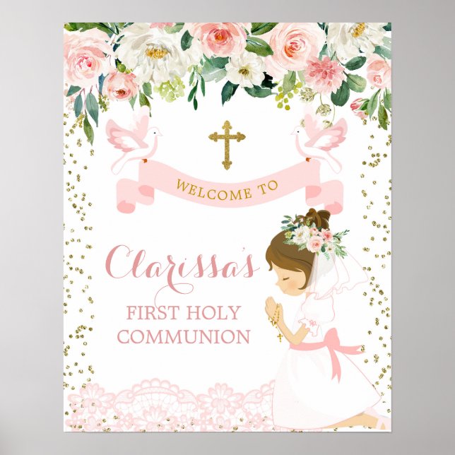 Rosa Guld Blommigt Girl First Communion Välkomstsk Poster (Framsidan)