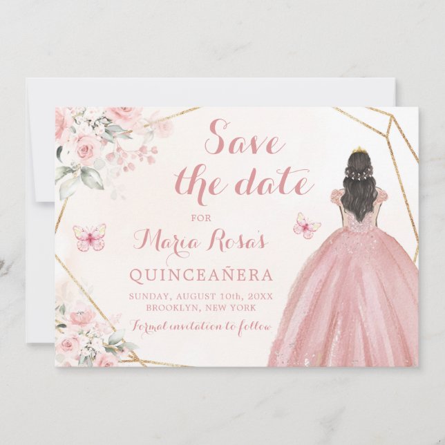  Rosa Guld Blommigt Girl Quinceañera Inbjudningar (Framsida)