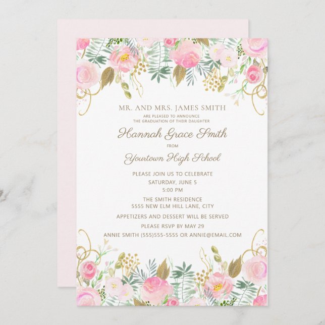 Rosa Guld Blommigt Girls Studentfest Inbjudningar (Fram/baksida)