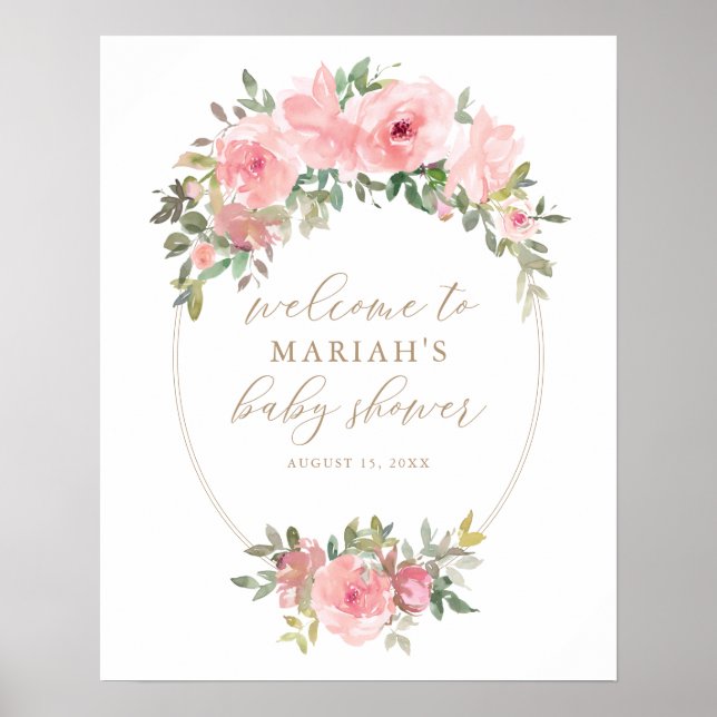 Rosa Guld Blommigt Greenery Baby Shower Välkomstsk Poster (Framsidan)