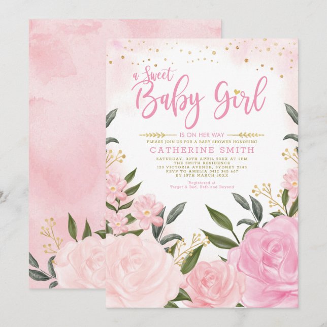  Rosa Guld Blommigt Greenery Girl Baby Shower Inbjudningar (Fram/baksida)