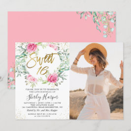 Rosa Guld Blommigt Greenery Sweet 16 Birthday Phot Inbjudningar
