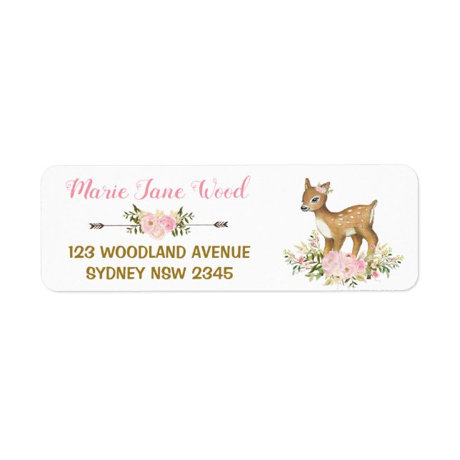 Rosa Guld Blommigt Hjort Baby Shower Address Label Returadress Etikett (Framsidan)