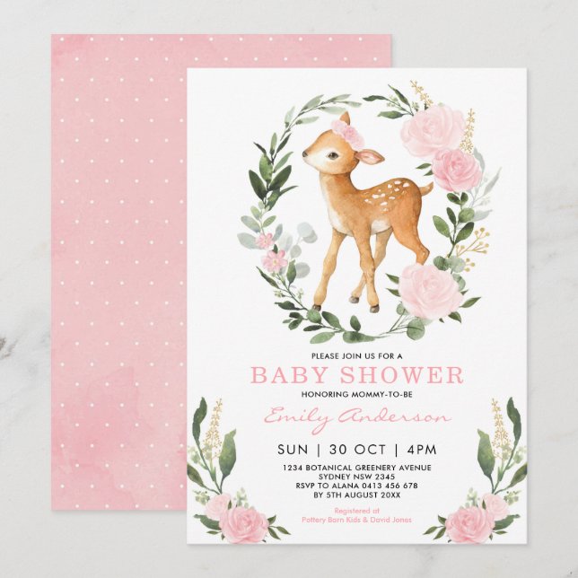 Rosa Guld Blommigt Hjort Forest Greenery Baby Show Inbjudningar (Fram/baksida)