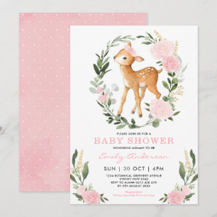 Rosa Guld Blommigt Hjort Forest Greenery Baby Show Inbjudningar