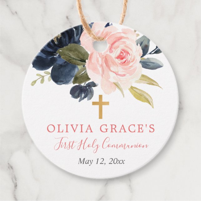  rosa guld blommigt  i första heligan gåvor etiketter (Framsida)