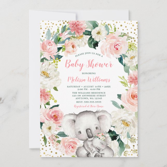 Rosa Guld Blommigt Koala Girl Baby Shower Inbjudningar (Framsida)